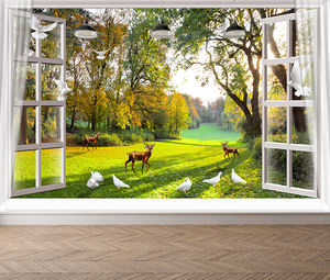 Mural <span class=keywords><strong>de</strong></span> Arte <span class=keywords><strong>de</strong></span> pared natural con Vista <span class=keywords><strong>de</strong></span> ventana realista con ciervos y palomas para decoración Interior tranquila papel tapiz impermeable para dormitorio - Product Image 2