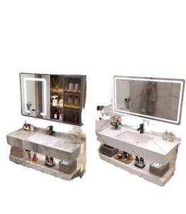 Mueble de Baño de Pared Gris de Lujo, con Doble Estante de <span class=keywords><strong>Piedra</strong></span>, Gabinete Resistente al Agua y a los Arañazos con Espejo LED para Hotel - Product Image 5