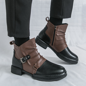 Bottines en cuir à blocs de couleur pour hommes, avec boucle métallique, fermeture éclair latérale, talon bas plissé, style <span class=keywords><strong>Martin</strong></span>, pour les trajets quotidiens et une utilisation décontractée toute l'année - Product Image 6