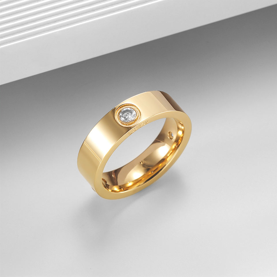 Stainless Steel 14K Gold Couples Love Engraved CZ Band Ring 2
