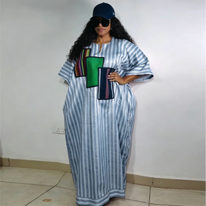YUHONG Robe décontractée rayée à col en V pour <span class=keywords><strong>femme</strong></span>, style européen et américain, nouvelle collection été 2026, coupe ample, grande taille, vêtements africains BASICS - Product Image 4