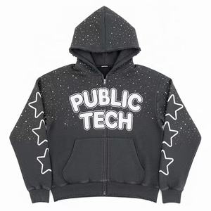 Custom Autumn Streetwear Rhinestone Pullover Hoody <b>Sweatshirt</b> Heavyweight <b>Vintage</b> Screen Printing <b>Oversized</b> Zipper up Hoodie Men - Product Image 1