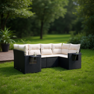 ชุดโซฟาหวายสีดำสำหรับสวน พร้อมเบาะสีครีม เฟอร์นิเจอร์กลางแจ้ง ดีไซน์ร่วมสมัย กันน้ำ ทนรังสียูวี ทำจากหวาย PE - Product Image 2