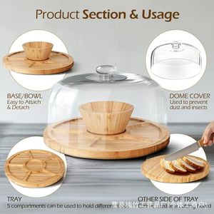 Support à gâteau rond en bois avec dôme en verre, plateau de service multifonctionnel pour la présentation de fromages, fruits et desserts, couleur bois naturel - Product Image 3