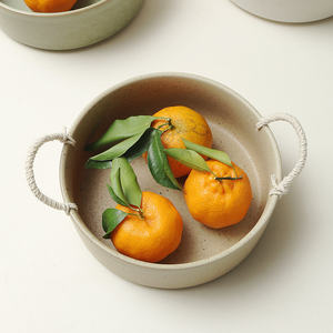 Rustic Ceramic Bowl With Rope Handles 8-11.9in Depth <b>Kitchen</b> <b>Storage</b> Eco-Friendly Design For Fruit Serving - Product Image 2