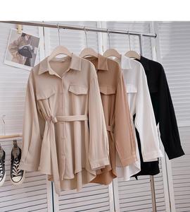 Blus Wanita Musim Gugur Semi Panjang Model Tunik Kerah Lipat Vintage Lengan Panjang Aksen Tali Kemeja Kasual Wanita - Product Image 2