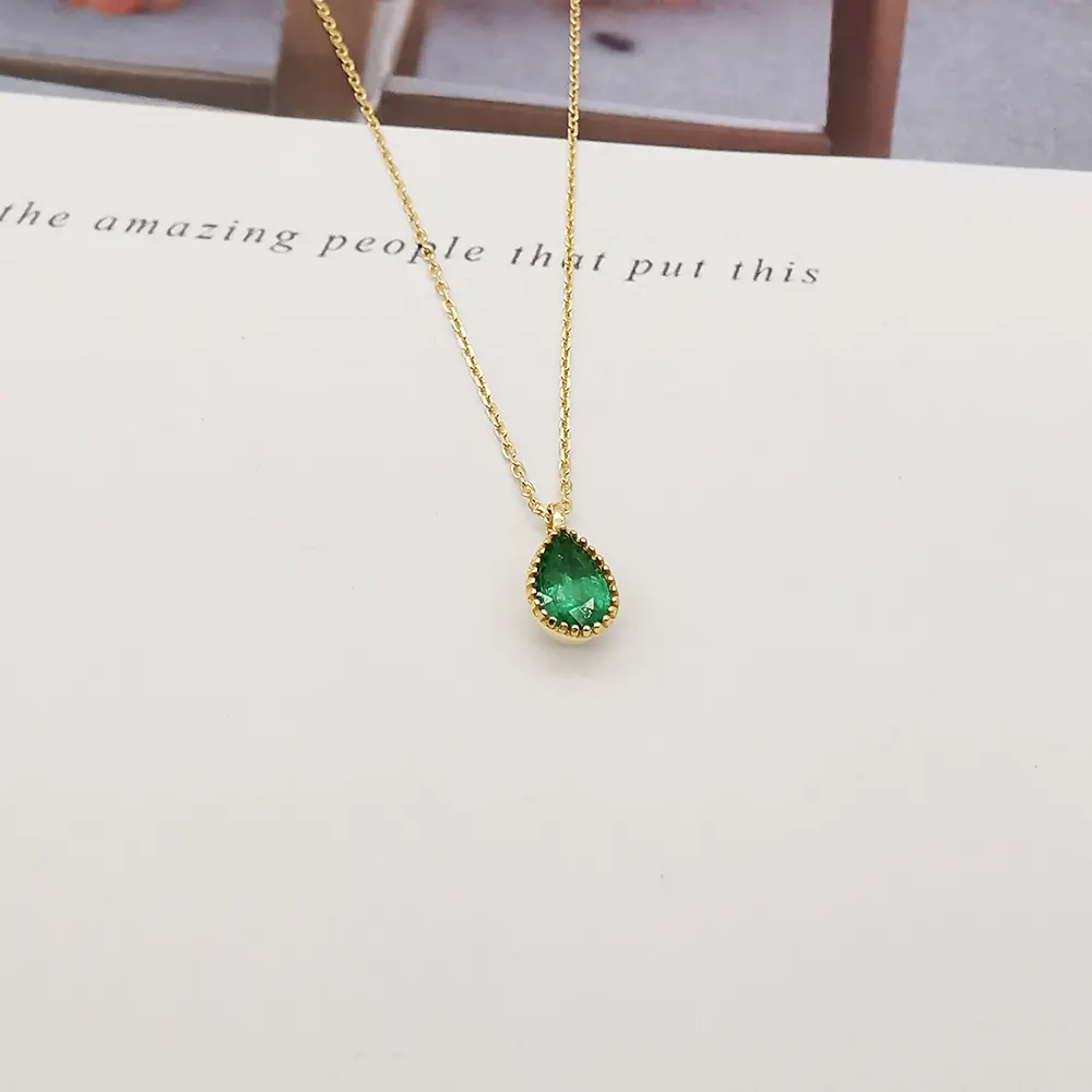 18k Real Gold Elegant Bridal Wedding Jewelry Water Drop Natural Emerald Necklace 18k Genuine Gold Necklace