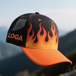 Gorra de camionero OEM, sombreros de malla con parche bordado con diseño de fuego de 6 paneles con logotipo personalizado, sombreros de camionero 112 - Product Image 5