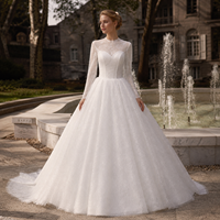Dezentes Ballkleid Hochzeitskleid mit Hohem Kragen, Spitze, Langen Ärmeln, Funkelndem Tüll, Übergröße Brautkleid, Maßanfertigung Großhandel Fabrik