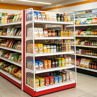 Étagères de magasin de proximité en métal robuste avec cadre rouge, rayonnages gondoles en treillis métallique, présentoir de supermarché peu encombrant pour l'épicerie