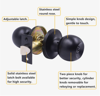 Poignée de porte sphérique moderne et minimaliste en acier inoxydable noir mat avec jeu de 3 clés – Accessoires de quincaillerie durables pour meubles