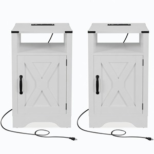 Set di 2 comodini bianchi in stile rustico con stazione di ricarica e spazio contenitore - Product Image 1