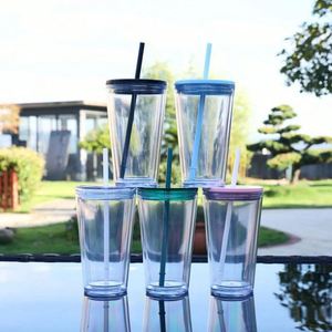 Gobelet transparent personnalisé 2026 avec logo, 16 oz, cadeau d'affaires, en acrylique, double paroi, en plastique, avec paille - Product Image 1