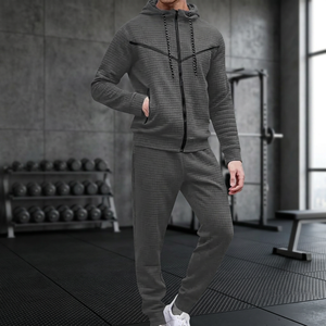 Ensemble de survêtement à capuche pour homme, manches longues, fermeture éclair, couleur unie, vêtements décontractés d'automne, matière respirante en polyester et coton - Product Image 2