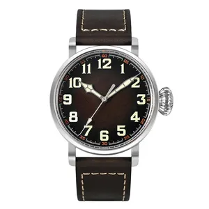 Benutzer definiertes Logo hochwertige Marke Pilot 316L Edelstahl automatische mechanische Saphir Echt leder Uhr Mann zu verkaufen
