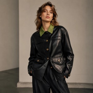 <span class=keywords><strong>Veste</strong></span> en cuir matelassée mi-longue pour <span class=keywords><strong>femme</strong></span> avec col en <span class=keywords><strong>tricot</strong></span> color-block, manteau de style utilitaire pour l'automne et l'hiver - Product Image 1