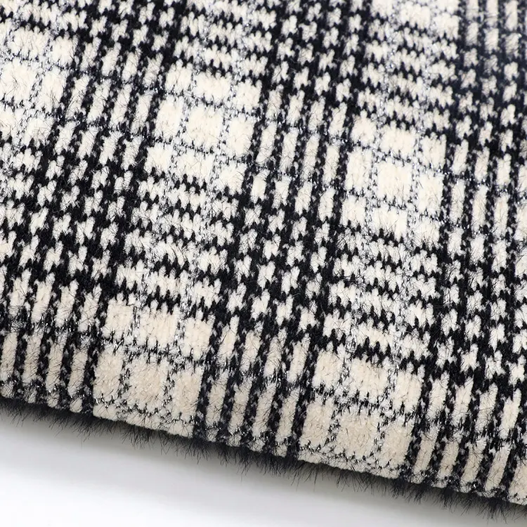 Wolvilt Klassieke Check Gebreide Polyester Nylon Metallic (Lux) Blend Jacquard Gebreide Fleece Plaid Stof Voor Kledingstuk