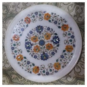 Plaque ronde en marbre blanc avec Design de fleurs attrayant, incrustation d'art - Product Image 1