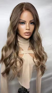 Perruque Remy en cheveux européens, entièrement en dentelle frontale, pour femmes, nouée à la main, dentelle transparente, blond chaud avec mèches brunes, style juif - Product Image 5