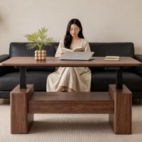 Table basse électrique relevable VOXHOME en noyer moderne avec tiroirs de rangement et armoire LED pour le travail, la lecture et le salon