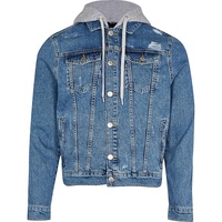 Jaket Pria Kustom OEM Grosir Pabrik Jaket Denim Bertudung dengan Tali Serut Yang Dapat Dilepas Lengan Panjang Robek Biru