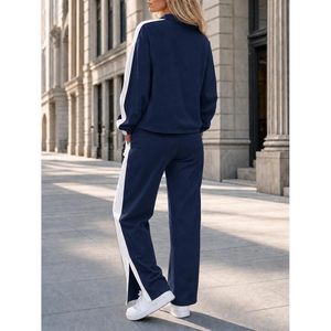 Ensemble de détente 2 pièces pour femme, sweat-shirt color block, pantalon large, col en V, poches, taille haute, cordon de serrage, manches longues, décontracté - Product Image 4