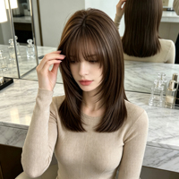 La perruque mi-longue dégradée marron avec frange a une texture lisse et anti-frisottis, idéale pour les trajets quotidiens.