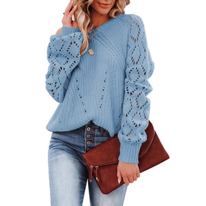 Suéter de Punto de Manga Larga con Cuello Redondo para Mujer, Tallas Grandes, Diseño de Encaje Calado, Color Sólido, Estilo Casual para Otoño e Invierno, Dropshipping Shopify - Product Image 5