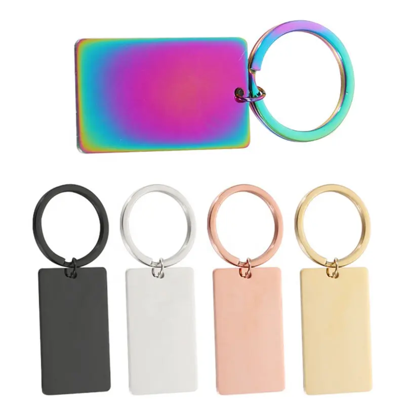 High Quality Souvenir Custom Logo Rectangle Blanks Keychain Carving Stainless Steel Keyring Logo Lettering Engraved Keychains