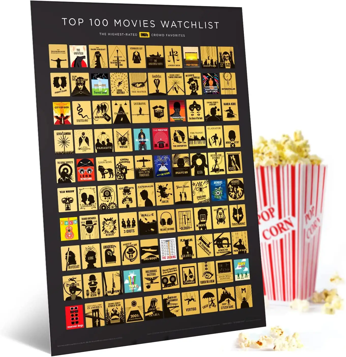 100 Film Scratch Off Poster için benzersiz hediye Film severler içeren 100 üst IMDb filmler her zaman