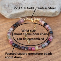 Mode minimaliste pierres précieuses 4mm facettes carré Tourmaline perlé Bracelet délicat or 18 carats bijoux en acier inoxydable en gros