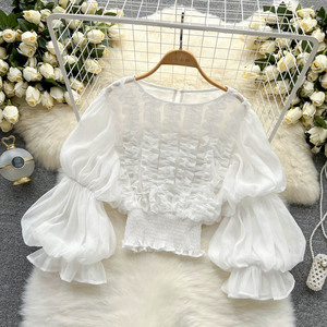 Hot-selling Trendy Últimas 4 Cores Sólidos Ruffle Detalhe Puff Manga Mulher Camisas Blusas Manga Longa - Product Image 3