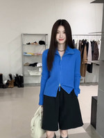 Cardigan en cachemire tricoté personnalisé bleu Klein uni avec fermeture éclair et revers, manteau pull d'hiver pour femme