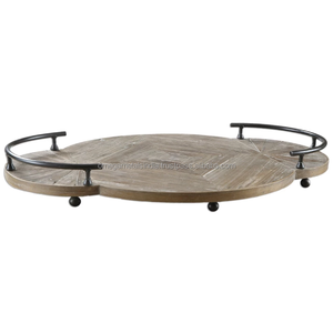 Plato redondo de madera Natural hecho a mano de alta calidad con asas de hierro, bandeja decorativa para servir comida casera, precio barato al por mayor - Product Image 1