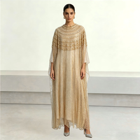 Robe Kaftan en Maille Dorée Scintillante avec Manches Cape Ornées de Perles et Strass, Robe de Soirée Modeste pour Mariage et Fête du Ramadan