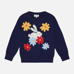 High Quality Custom Logo Name Knitted Pullover Sweater Hand Embroidered Flower Rabbit Pattern Baby Girls Sweaters