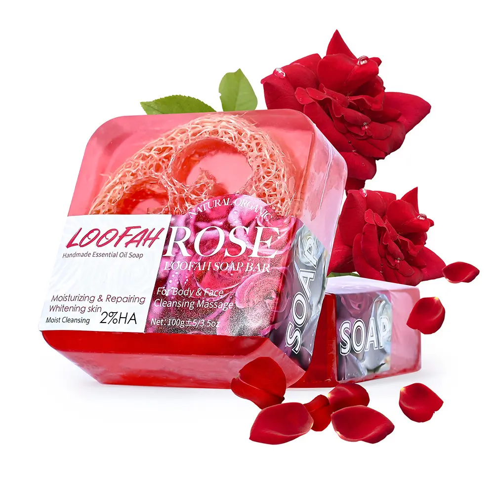 100G Gelicate ลักษณะปรากฏ Rose Loofah สบู่พืชที่ทำด้วยมือบริสุทธิ์ไวท์เทนนิ่งให้ความชุ่มชื้นน้ำมันหอมระเหยสบู่ล้างและสบู่อาบน้ำ