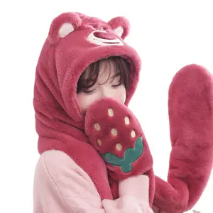 2022 nuovo Design One Piece Bear Ear Pocket Warm Lovely Kawai Cozy Fuzzy Furry Girl Women Faux Fur Wrap cappello invernale con sciarpa