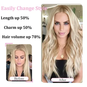 Extensions de cheveux naturels blonds Remy lisses avec fil de pêche et 3 clips – Extension de cheveux à fil invisible - Product Image 5