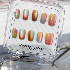 12 faux ongles courts à presser, couvrance totale, en ABS mat dégradé, style œil de chat bambou chinois - Product Image 1