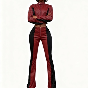 ชุดเซ็ต 2 ชิ้น แฟชั่นลำลองสำหรับผู้หญิง แขนยาว คอตั้ง กางเกงขายาว หนัง PU แต่งลายต่อสี  ยืดได้ - Product Image 3