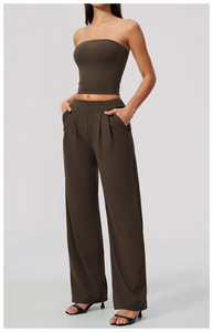 Conjunto de 2 Piezas Verde Oliva para Mujer, Top sin Tirantes, Pantalones Anchos, Corte Holgado, Tejido a Rayas, Transpirable, Casual de Primavera/Verano - Product Image 3