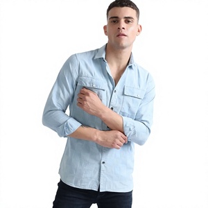 Chemise en jean bleu tendance pour homme avec boutons recouverts, col rabattu tricoté, service OEM de logo personnalisé, chemise habillée - Product Image 1