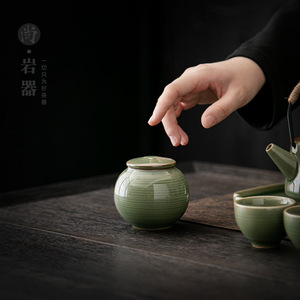 Ceramic Tea Caddy Bamboo Green Glaze Round <b>Small</b> Portable Loose Tea Storage <b>Jar</b> <b>With</b> Wooden <b>Lid</b> For Travel - Product Image 1