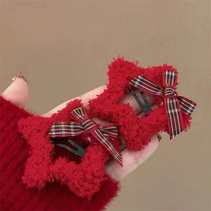 New Year's Red plush star hairpin <b>bow</b> bangs BB <b>clip</b> side broken hairpin hairpin Christmas headdress hair accessories - Product Image 1