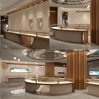 Vitrine à bijoux en or rose, îlot de présentation incurvé, meuble de magasin moderne et créatif, comptoir en pierre de luxe, design de mobilier de boutique