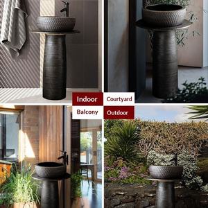 Lavabo de Pedestal Redondo de Cerámica con Puntos Negros en Rojo Oscuro, Integrado en Columna, para Baño o Exterior - Product Image 4