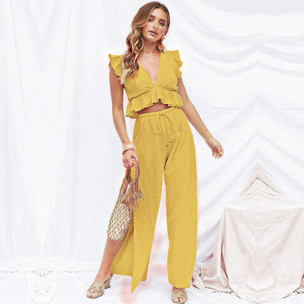 Enyami Summer Holiday Cozy Chiffon Matching Suit Women Chic Ruffles Vest  Tops Female Wide Leg Pants Loose Two Piece Pants Sets