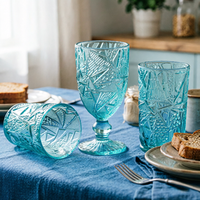 Gobelets à vin en verre turquoise faits à la main de luxe, design géométrique en relief, sans plomb, capacité de 320 ml, lavables au lave-vaisselle, écologiques