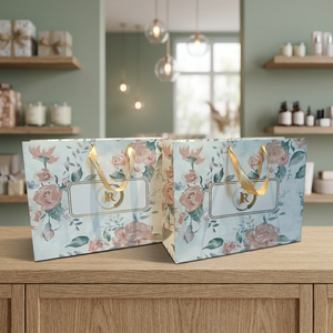 Sacs cadeaux en papier floral de luxe avec poignées en ruban doré |   Emballage recyclable de qualité supérieure pour l'artisanat, les cadeaux, les boutiques et la vente au détail - Product Image 3